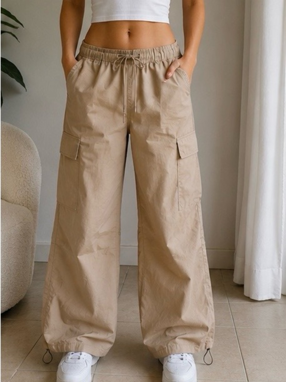 Beige Low Rise Cargo Baggy Pants Windbreaker Style - Picture 1 of 3